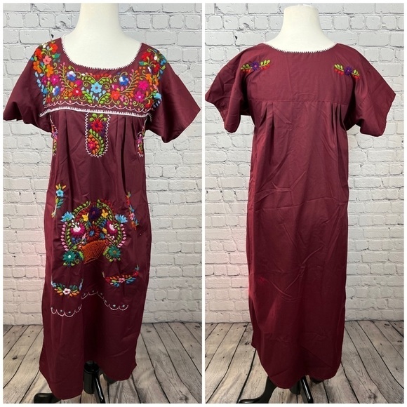VINTAGE Hand-embroidered Dress 100% Cotton Burgundy Oaxaca Size S